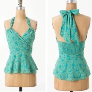 Anthropologie Vanessa Virginia Swathed Sprouts Printed Cotton Blue Halter Top 6
